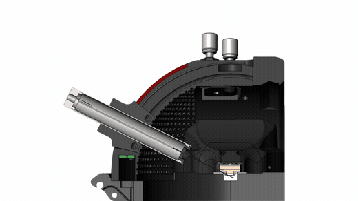 CAD animation: the Nano-Observer II illumination arm sweeping from 20 to 90 degrees on its graduated arc