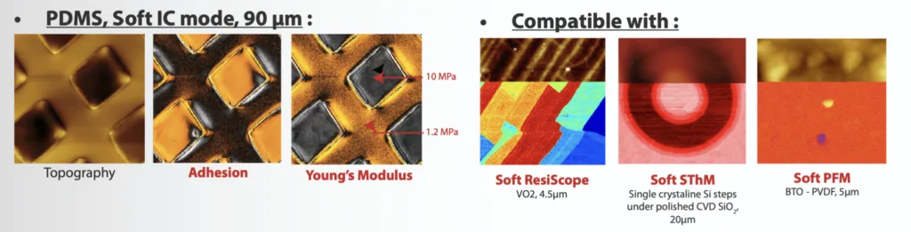Soft MEKA on PDMS: topography, adhesion and Young’s modulus maps, 90 µm scan
