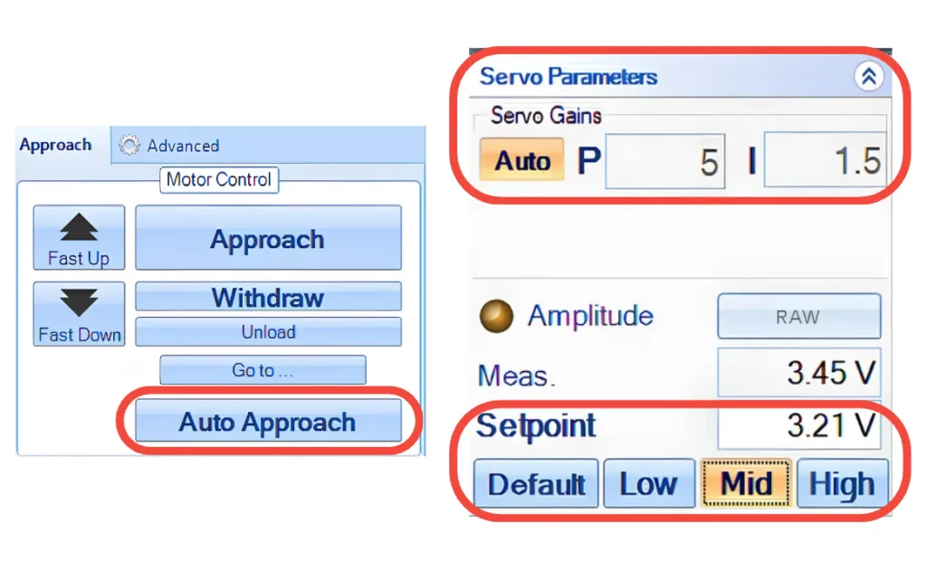 NanoSolution software showing auto tune, approach, gain and setpoint parameters