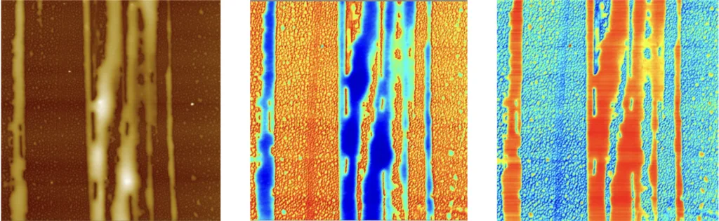 Soft MEKA AFM scan of PDES on silicon: topography, adhesion and stiffness, 10 µm