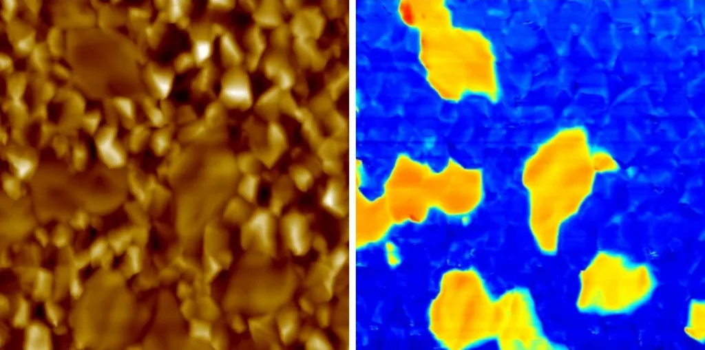 AFM scan of a perovskite film: HD-KFM topography and surface potential, 10 µm