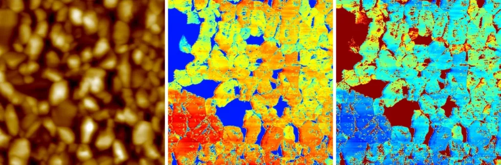 AFM scan of a perovskite film: ResiScope topography, current and resistance, 10 µm