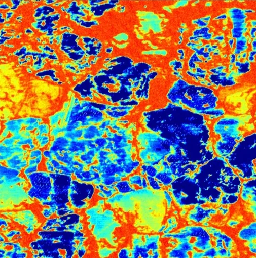 AFM scan of a perovskite solar cell: ResiScope resistance map, resistive grain boundaries and conductive grain interiors