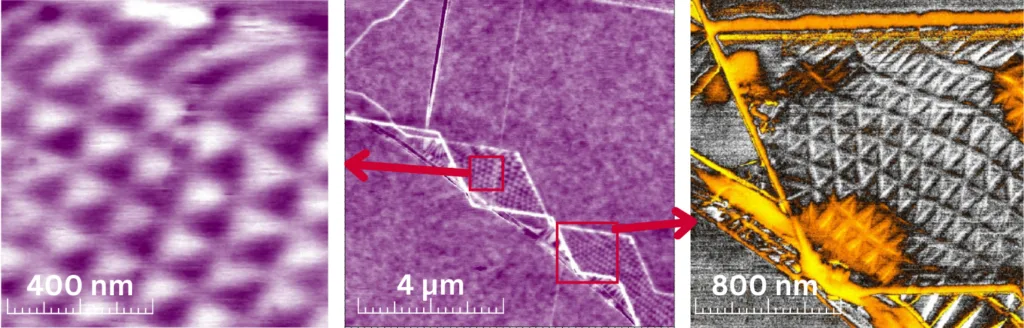 Folded hBN device: HD-KFM III surface potential and PFM moiré domains, 10 µm