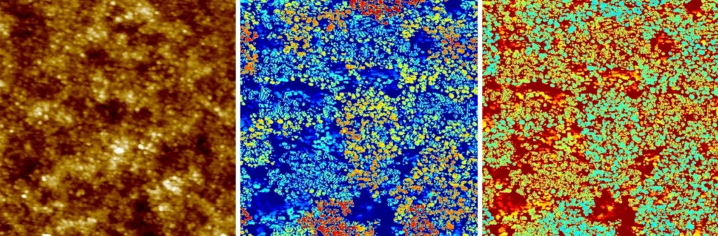 Polymer with metallic particles: topography, Soft ResiScope current and resistance, 4 micron