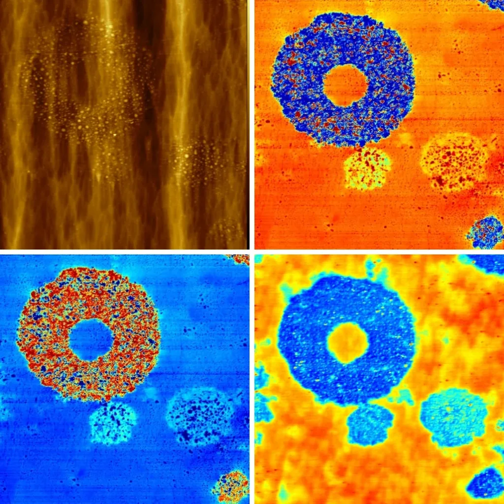 AFM scan of a solid-state battery: Soft ResiScope topography, resistance and current, and HD-KFM surface potential on the same area