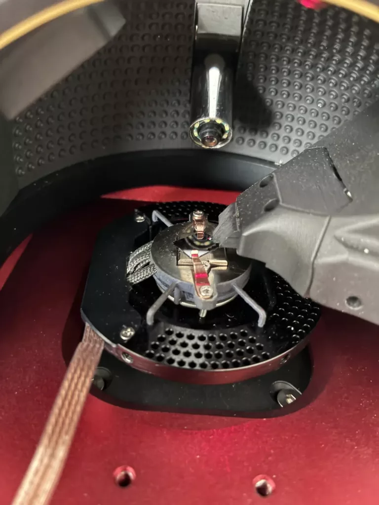 EZ Temperature heating stage mounted under the Nano-Observer AFM head, with the copper thermal braid