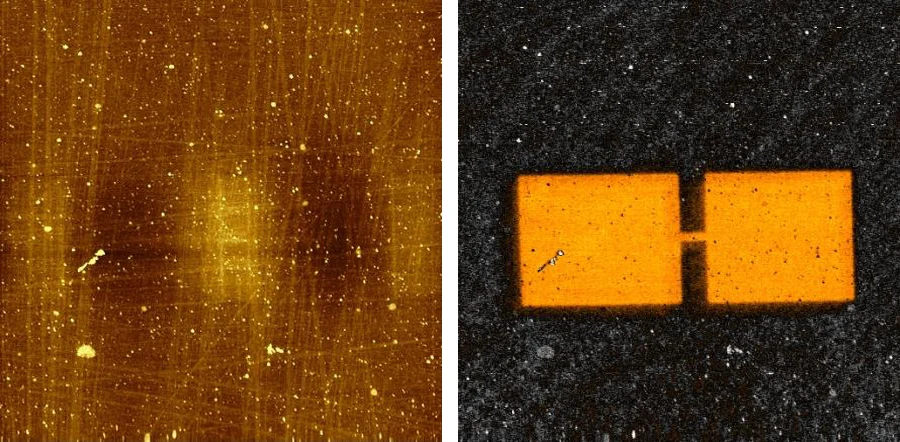 Topography and dC/dz capacitance gradient image of a metallic structure embedded in epoxy measured with HD-KFM III