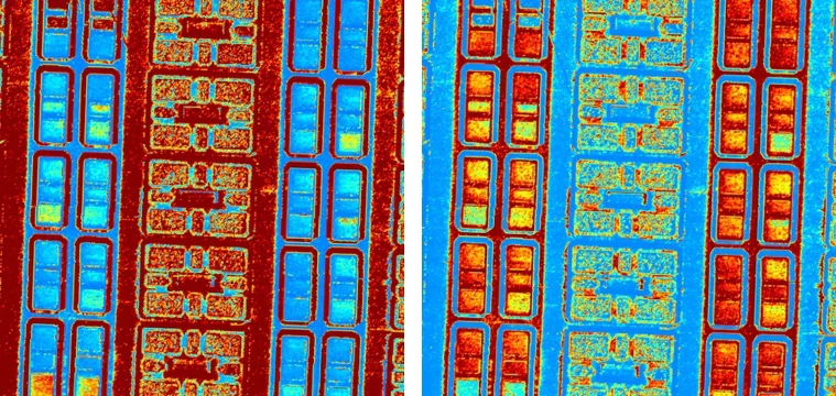 SRAM device ResiScope current and resistance maps, 50 micron scan, 1 V bias