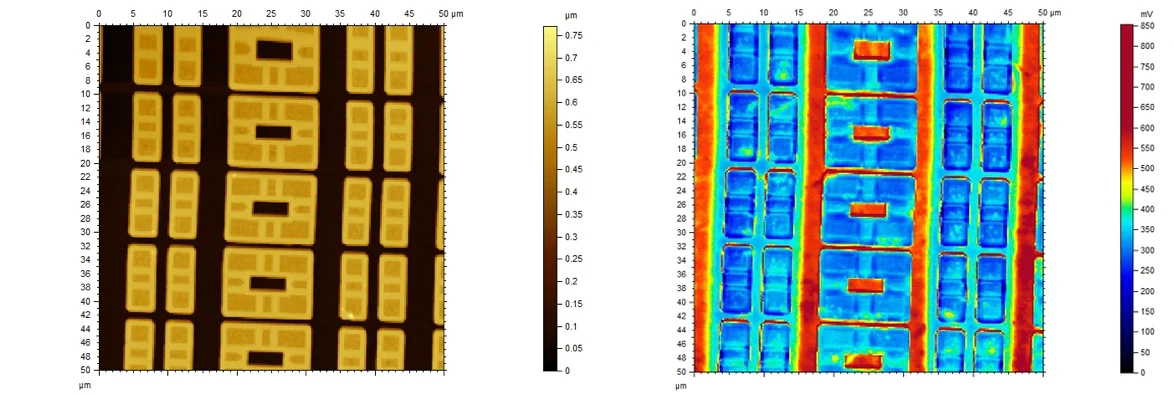SRAM device topography and HD-KFM surface potential, 50 micron scan